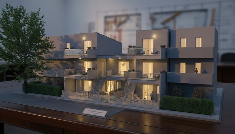 Athena Residence presented as a lit architectural scale model on a desk at dusk, drawings in the background