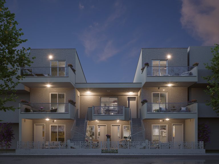 Athena Residence: frontal elevation at blue hour with twin stairs, wall lights and lit balcony interiors