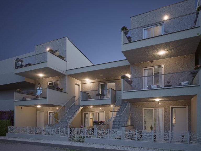 Athena Residence: angled front view at blue hour with a woman on a balcony, stairs and patterned fence