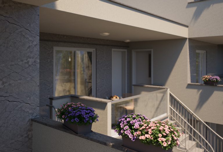 Athena Residence: shaded walkway and balconies in warm afternoon light with purple and pink flower boxes