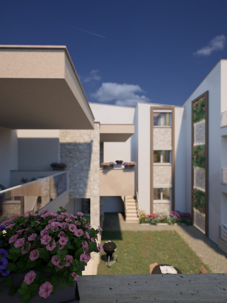 Gardenia 3 courtyard seen from a flowered balcony in daylight, stone walls, outdoor stair and green wall