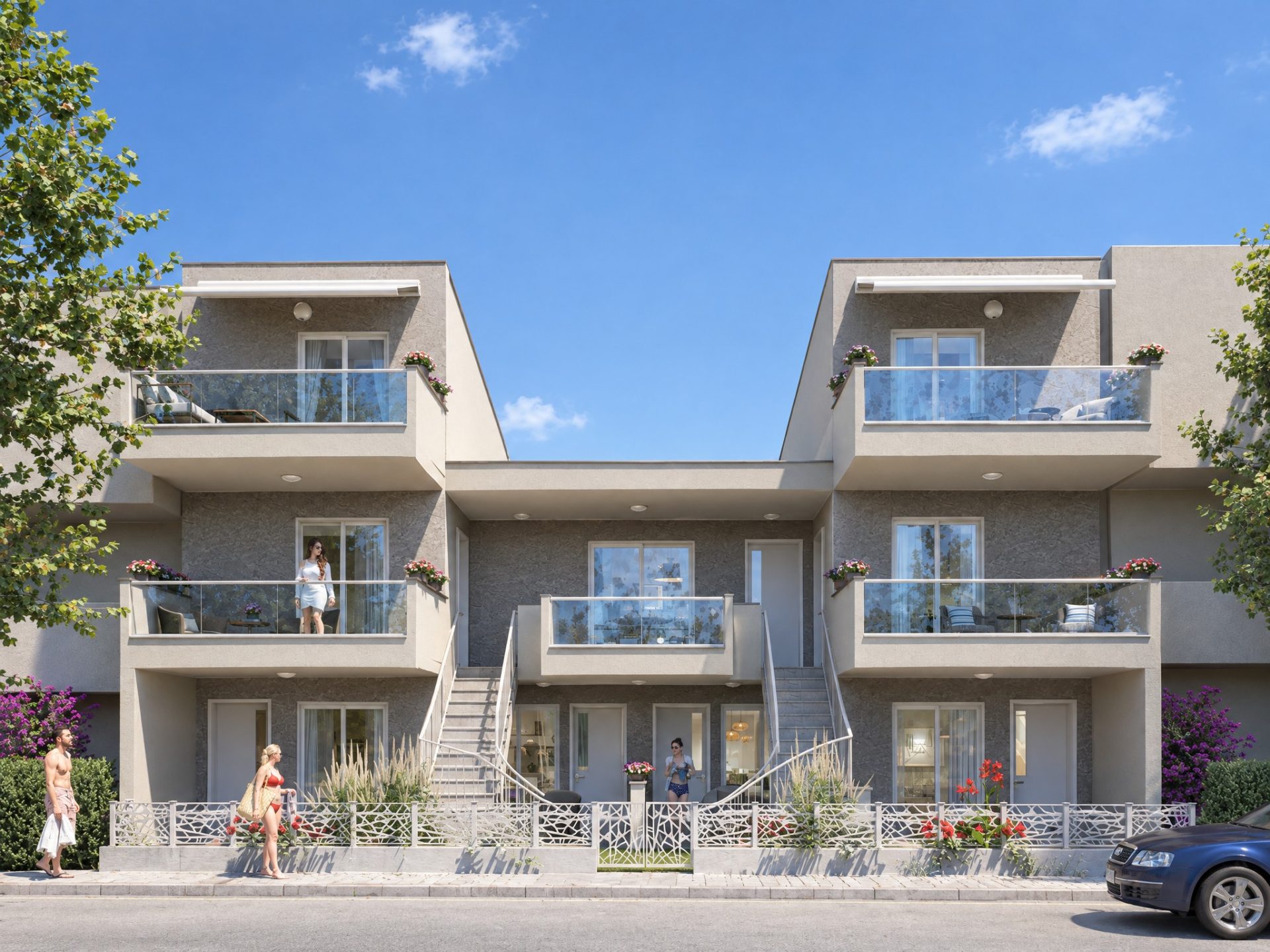 Street facade of Athena Residence in bright late-morning daylight, residents heading to the beach