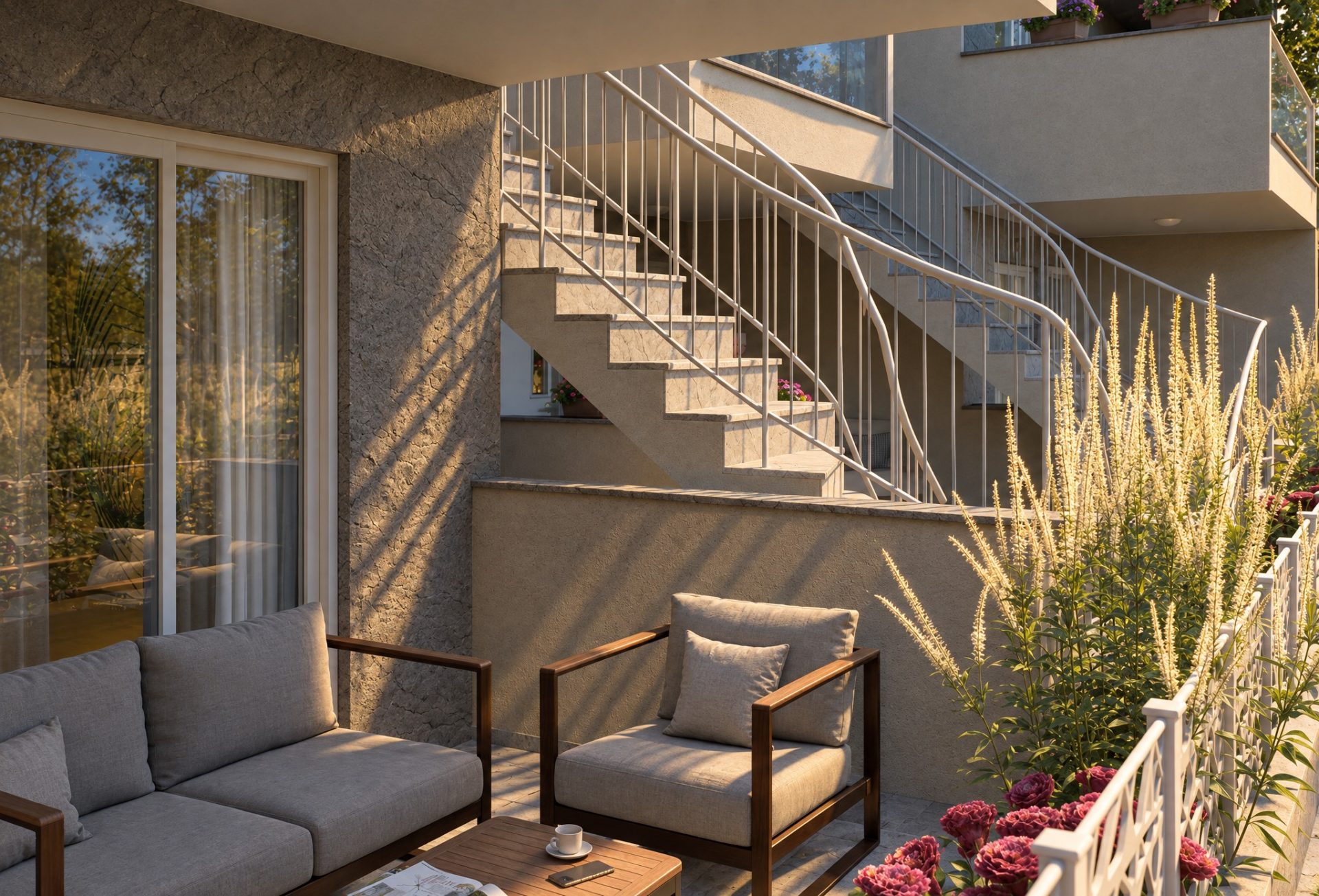 Ground-floor terrace at Athena Residence with sofa and stair shadows in late-afternoon sun