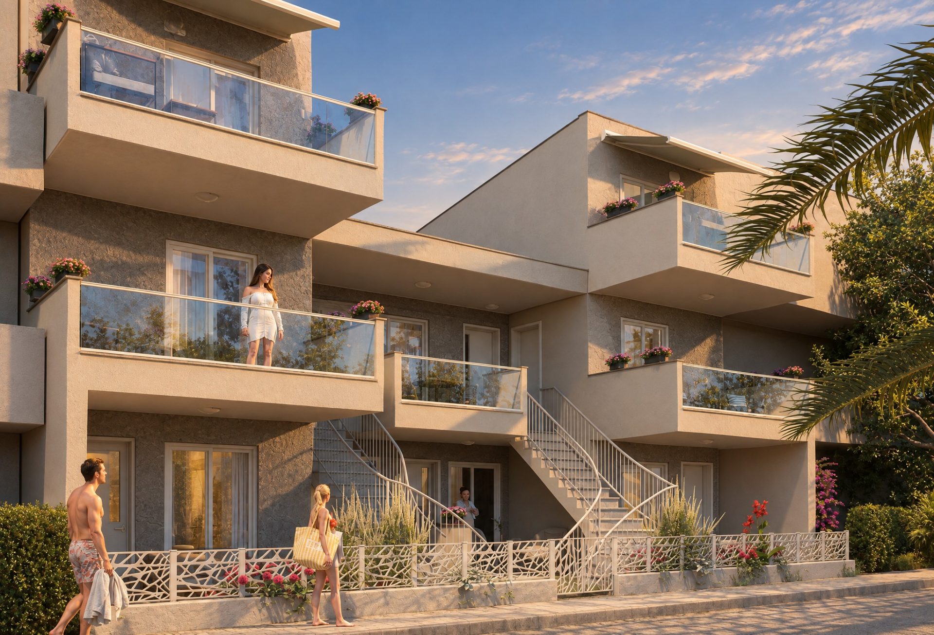 Athena Residence street facade at golden hour with residents returning from the beach