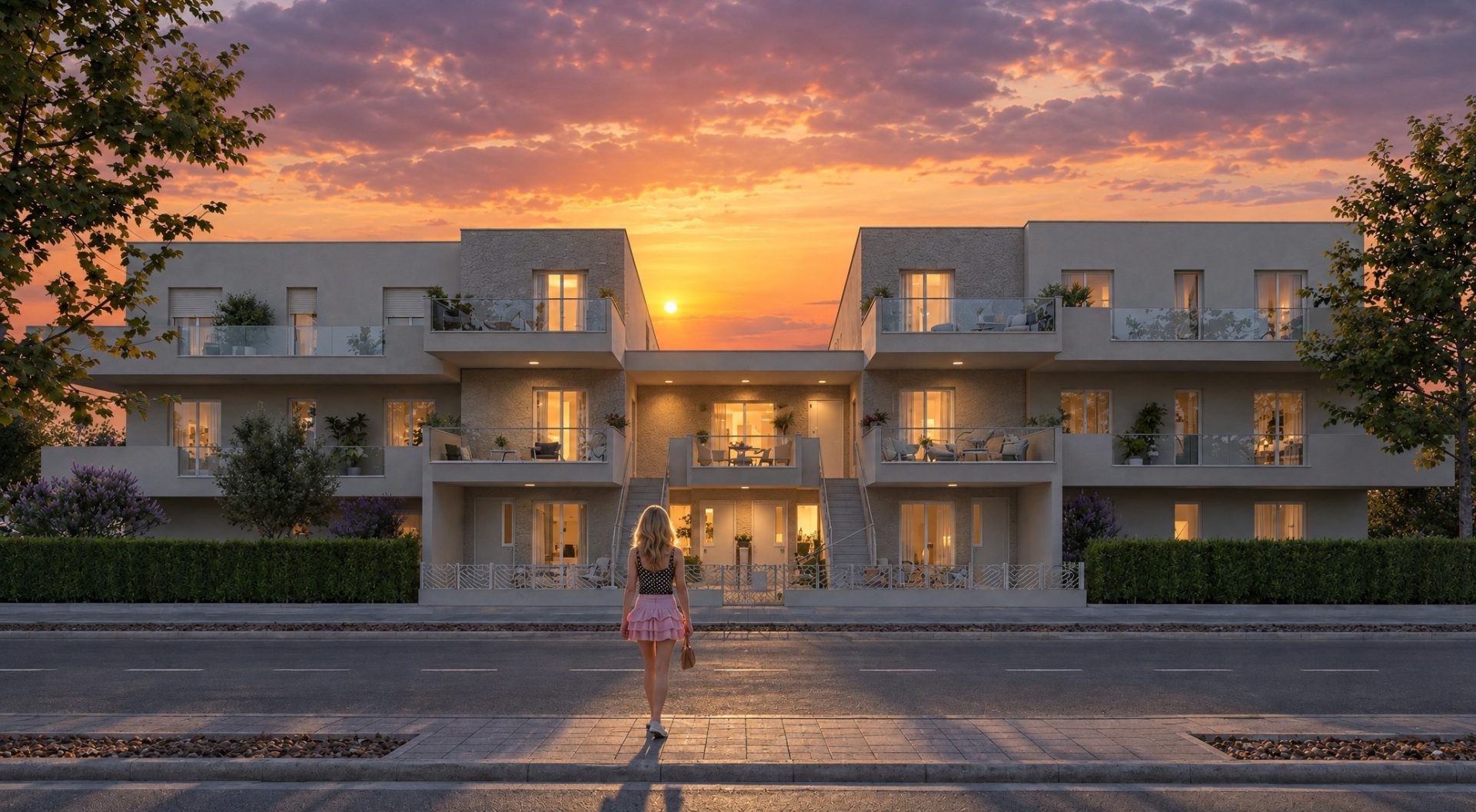 Front elevation of Athena Residence at sunset with lit windows and a woman crossing the street
