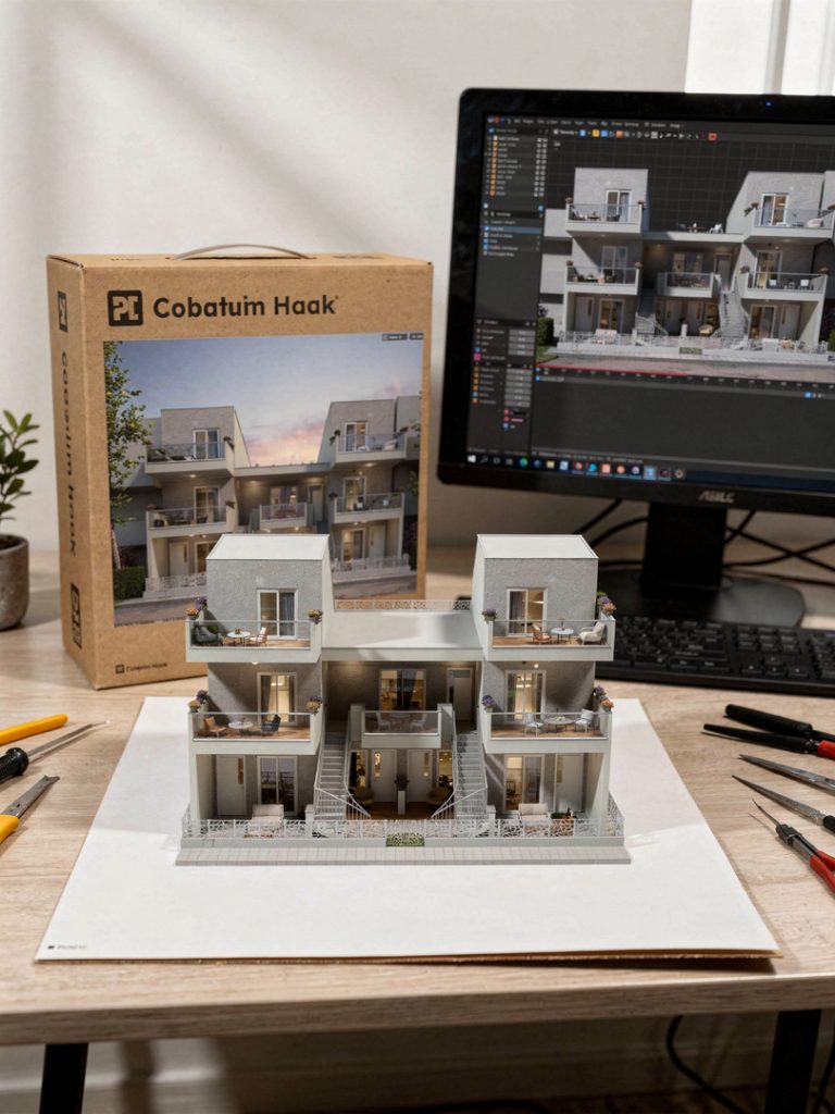 Athena Residence as a white scale model on a desk with a product box and the 3D scene on a monitor