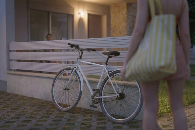 Gardenia 3 terrace fence at dusk with parked bicycle, woman with striped tote and a neighbor behind