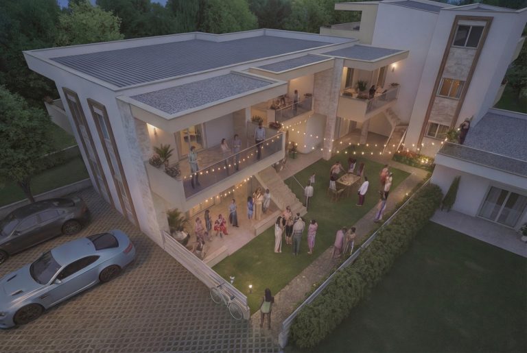 Aerial view of Gardenia 3 at dusk, garden party under string lights on lawn and terraces, cars in the drive