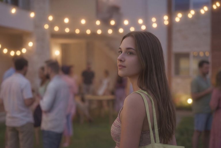 Gardenia 3 garden party at dusk, young woman in the foreground with guests under string lights
