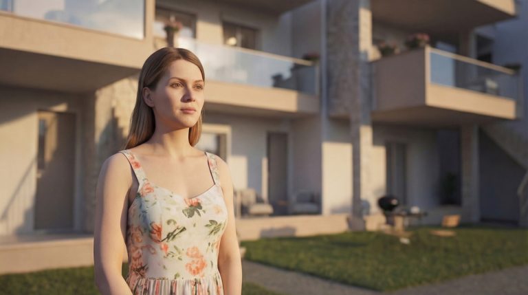 Gardenia 3 garden in warm evening light, woman in floral dress in front of balconied apartments