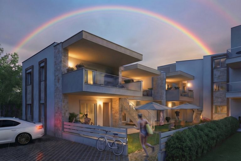 Gardenia 3 street view at dusk under a rainbow with lit terraces, umbrellas, car and a woman running past