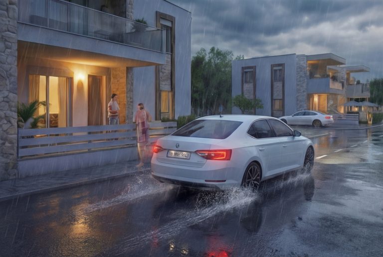Gardenia 3 street in evening rain, car splashing past lit terraces with residents watching from the fence