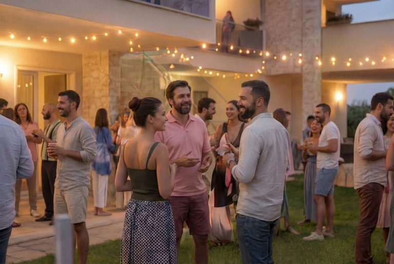 Gardenia 3 garden party at dusk, guests chatting on the lawn under string lights by the terraces