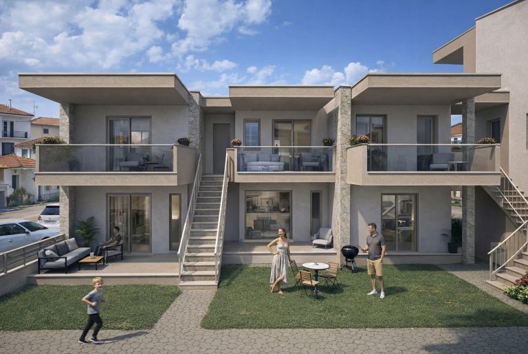 Gardenia 3 apartment facade in daylight, family on the lawn with barbecue, outdoor stairs and covered terraces