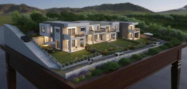 Sikia Vista presentation model on a wooden table at dusk, lit terraced houses, gardens and tiny figures