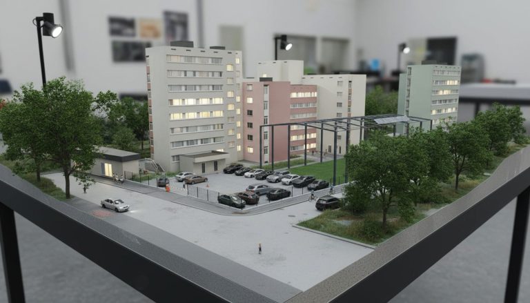 Campus 23 presentation model on a table: residential blocks, black steel canopy and parking lot under spotlights