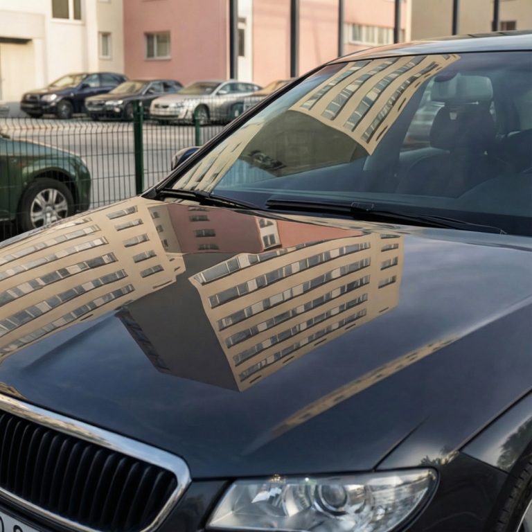 Campus 23 residential block reflected in a parked car's hood, close-up detail with the fenced parking lot behind