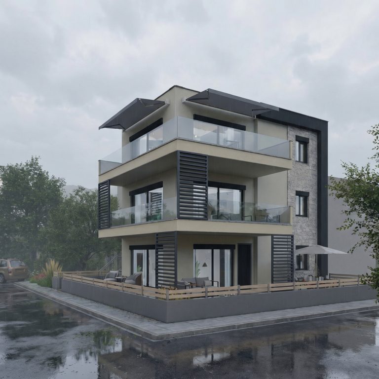 Keli Residence corner view on a rainy overcast day, wet street reflections, louvers and stone-clad wall