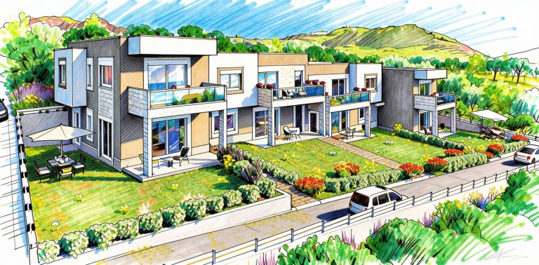 Sikia Vista hand-drawn marker sketch of the terraced houses and gardens with green hills behind