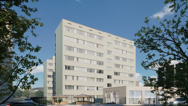 Campus 23 residential block from the street on a sunny day, glazed ground-floor pavilion and gazebos framed by trees