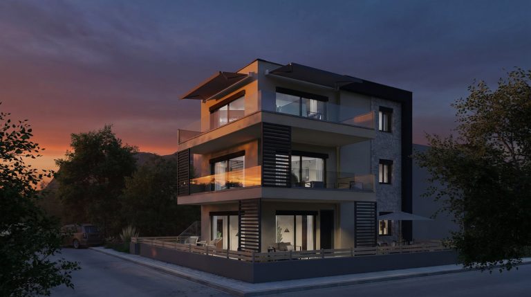 Keli Residence corner three-quarter view at dusk, dark louvers and glass balconies under a fiery sunset sky