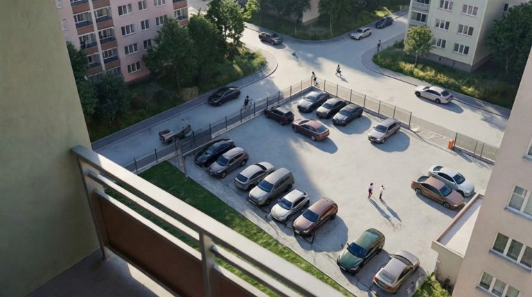 Campus 23 view from a balcony over the fenced parking lot and street in afternoon sun, people walking and cycling