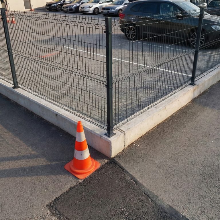 Campus 23 close-up of the parking lot mesh fence on a concrete curb with a traffic cone in warm afternoon light