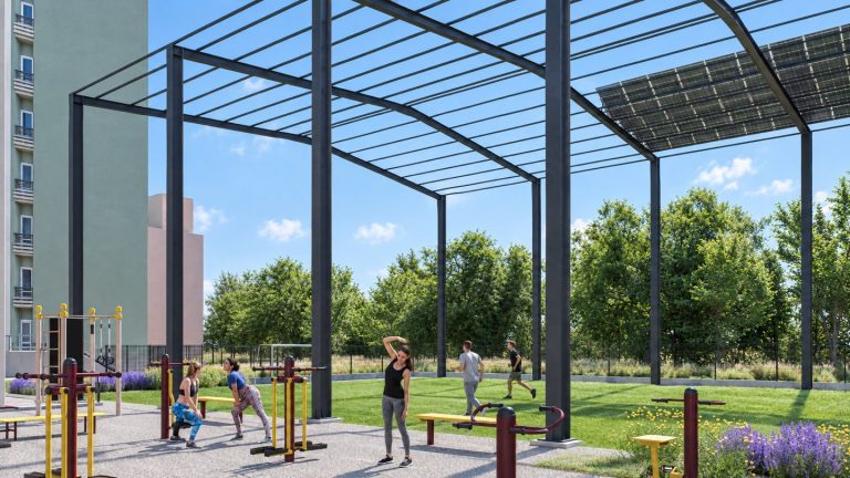 Campus fitness pergola at late morning