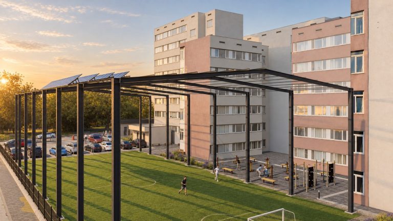 Campus sports pitch at golden hour