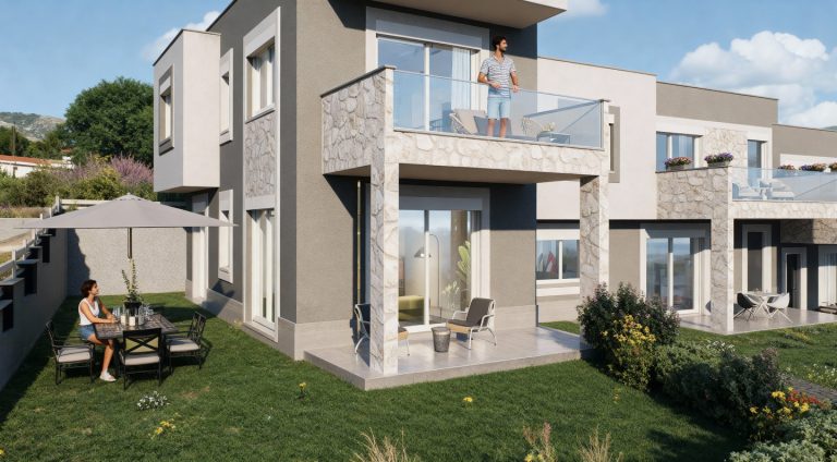 Sikia Vista end house garden in daylight, woman dining under an umbrella and a man on the glass balcony
