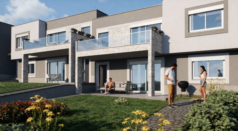 Sikia Vista garden terraces in daylight, couple grilling on a barbecue and a man relaxing on the patio sofa