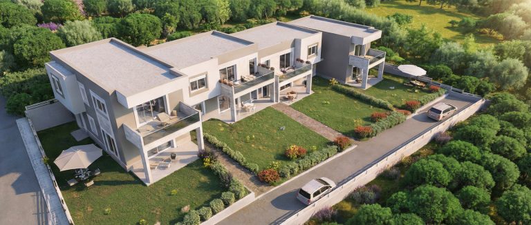 Sikia Vista aerial view of the terraced houses, roofs and private gardens in warm sunlight among olive trees