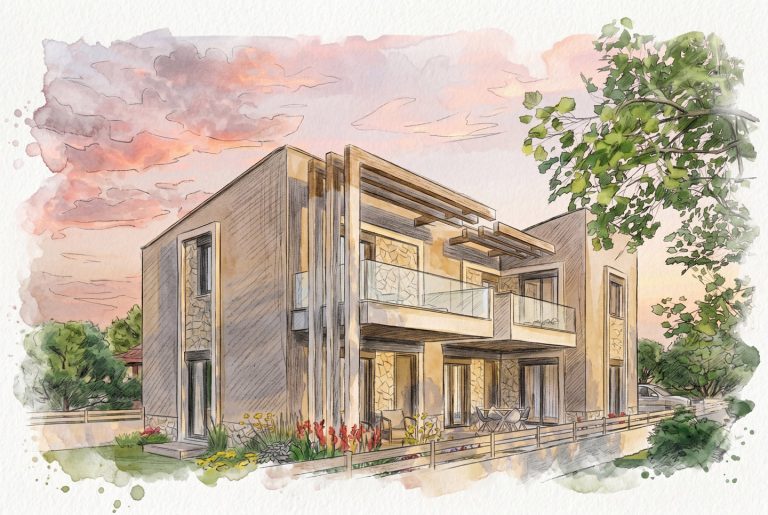 Nea Iraklitsa residence as a watercolor sketch, garden-side three-quarter view at sunset with pergola