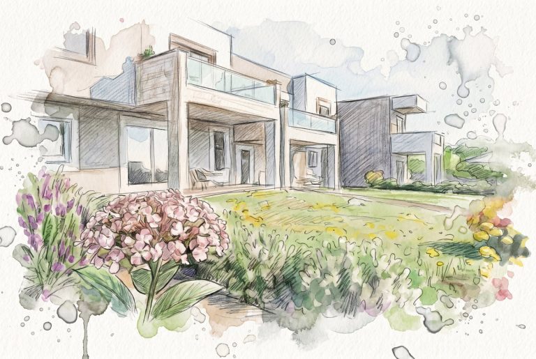 Sikia Vista watercolor sketch of the garden side of the houses with pink hydrangea and lavender in front