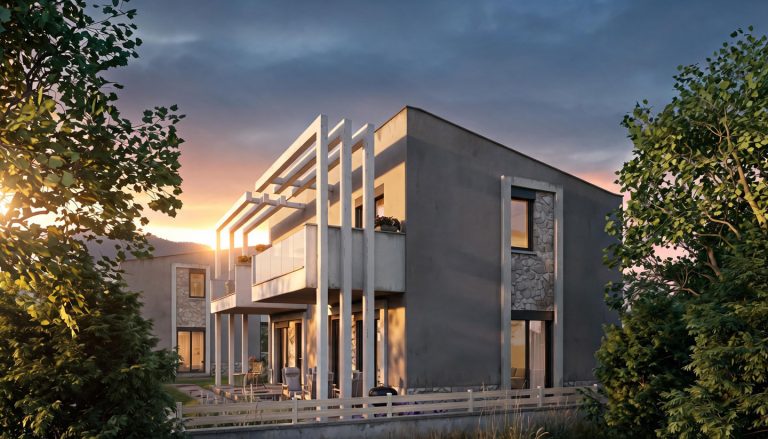 Nea Iraklitsa residence garden-side view at sunset under a moody sky, pergola frame and stone-clad windows