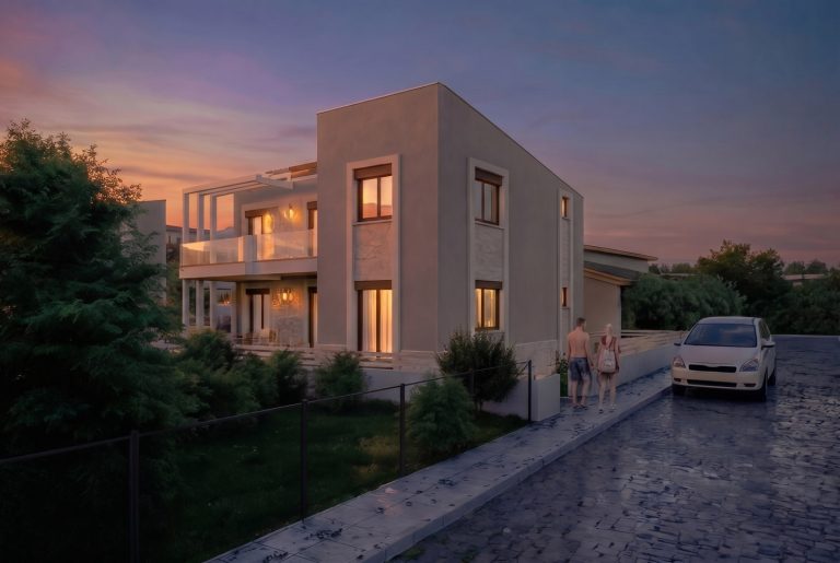 Nea Iraklitsa residence street view at dusk, couple walking along the sidewalk past glowing windows
