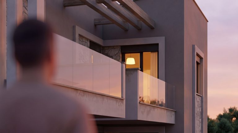 Nea Iraklitsa residence balcony closeup at dusk, glass railing and lit window, man blurred in foreground