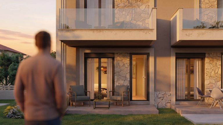 Nea Iraklitsa residence garden patio at golden hour, stone-clad terrace with armchairs, man in foreground