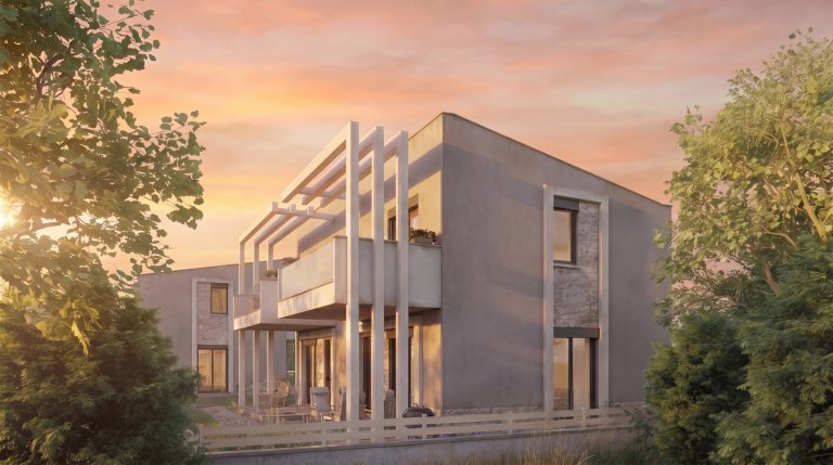 Nea Iraklitsa residence garden-side view at sunset with white pergola frame, glass balcony and stone panels