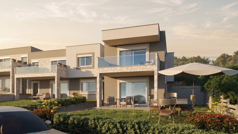 Sikia Vista garden side of the terraced houses at golden hour, stone-clad terraces, glass balconies, patio umbrella
