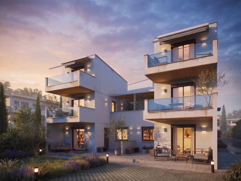 Victoria Residence courtyard facade at sunset with lavender garden, wall lights and warmly lit interiors