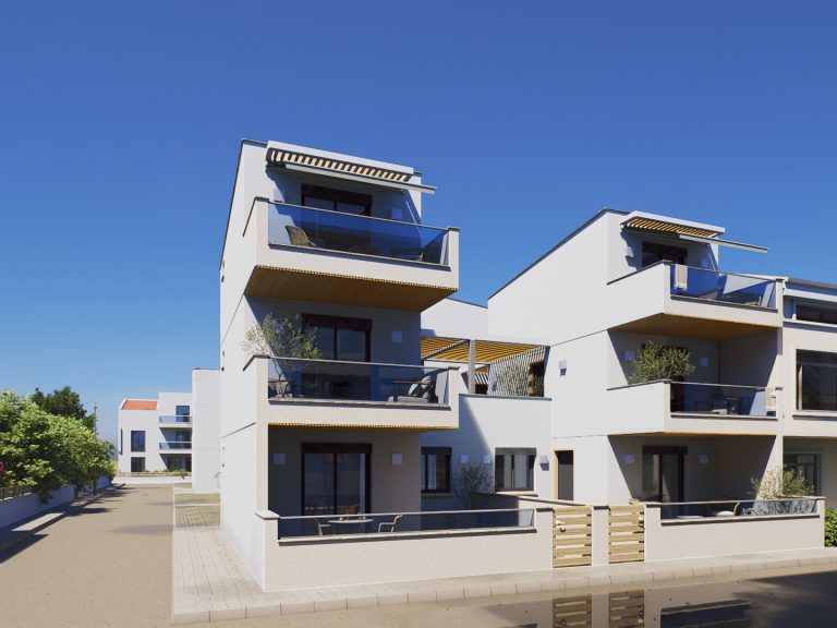 Victoria Residence corner view along the street in daylight with stacked glass balconies and wooden gates