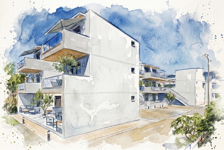 Victoria Residence watercolor sketch, corner view of the white blocks with balconies, awnings and courtyard