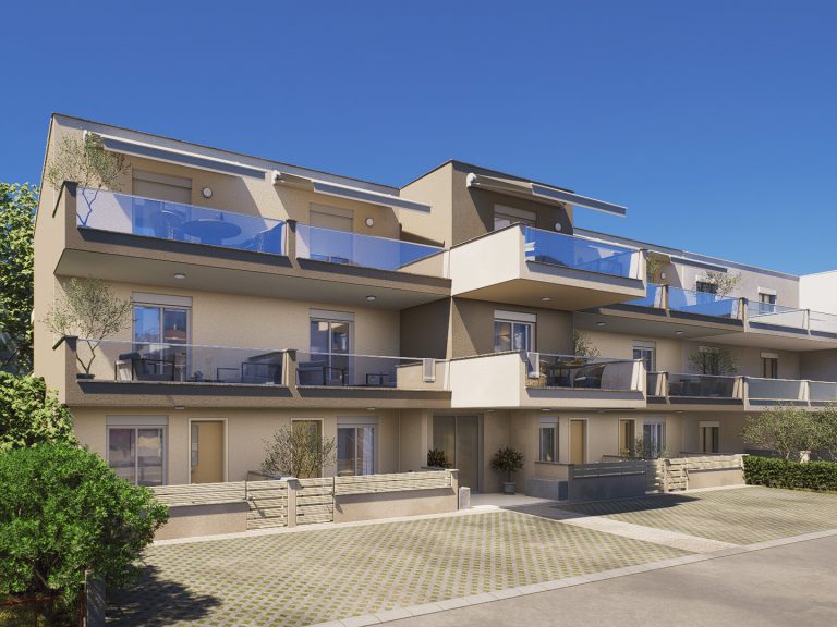 Catherina Residence street facade, three-quarter view on a clear sunny day with glass balconies and awnings