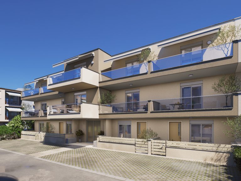 Catherina Residence front facade, low three-quarter view in daylight with glass balconies and gated patios