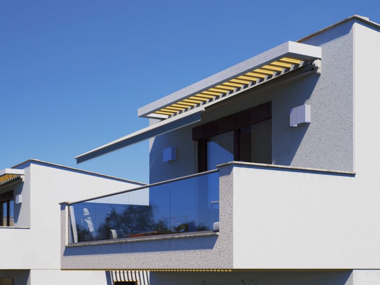 Victoria Residence top-floor balcony detail in daylight with retractable awning, glass railing and wall lights
