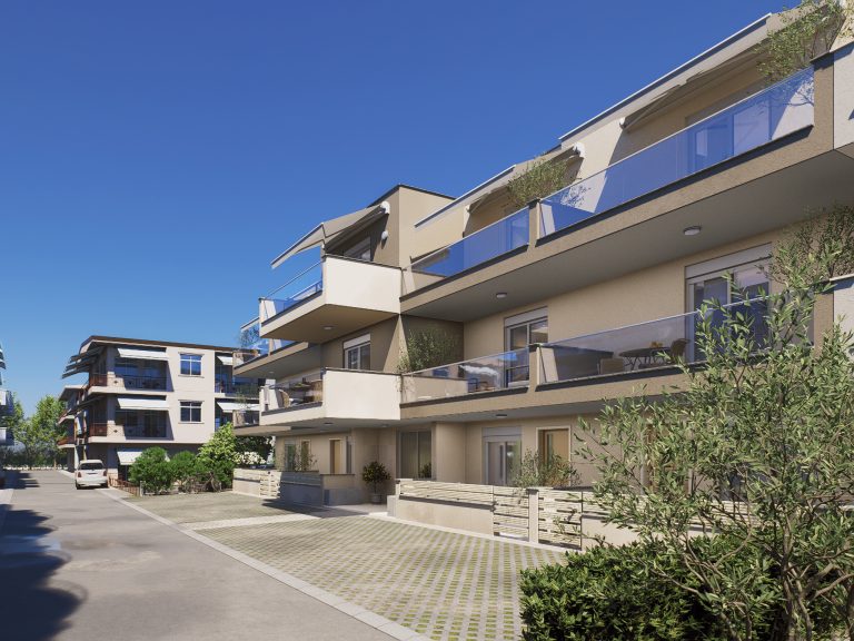 Catherina Residence street elevation in perspective along the lane in bright sun, olive trees and glass balconies