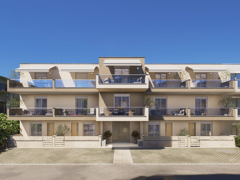 Catherina Residence frontal elevation in clear daylight, symmetrical facade with central entrance and awnings