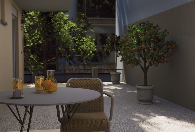 Catherina Residence ground-floor courtyard closeup with iced drinks, wicker chair and potted orange trees in daylight