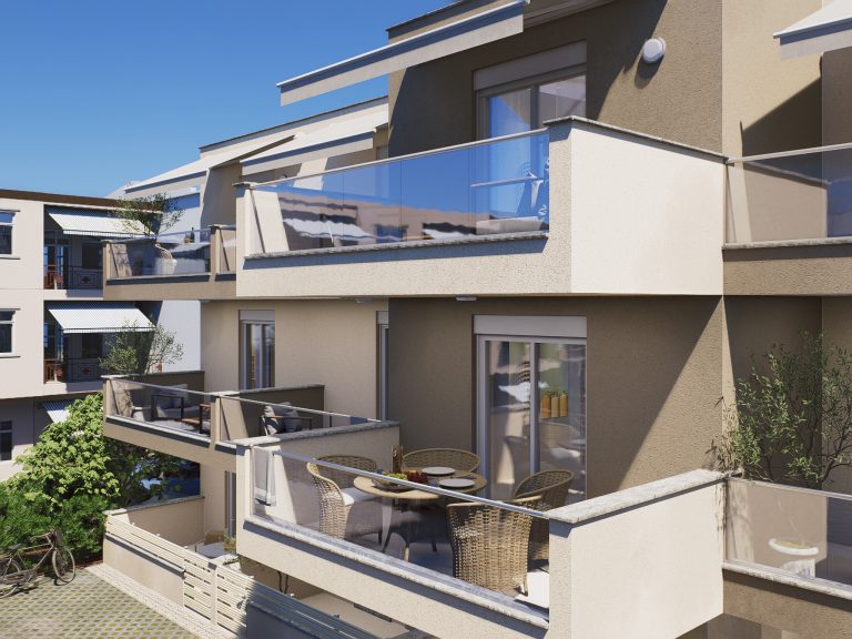 Catherina Residence balcony closeup in daylight, wicker dining set on a glass-railed corner terrace